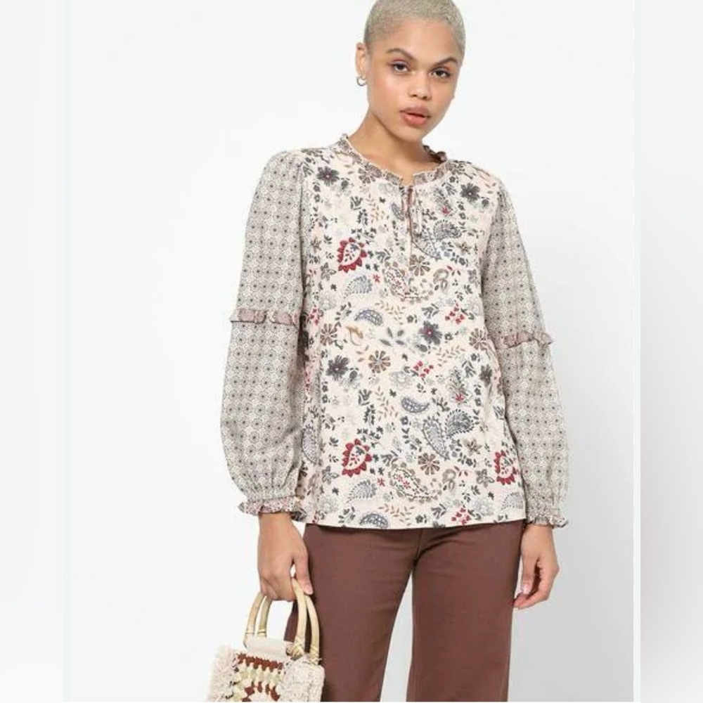 DNMX Mixed Print -Floral -Plaid Peasant Blouse-Tie Neck Flounce Sleeve EUC-SzL​​